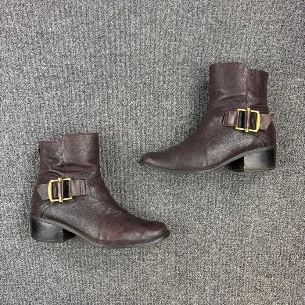 Nine‎ West Brown Leather Buckle Back Zip Short Campus Heel Ankle Boots Size 8.5